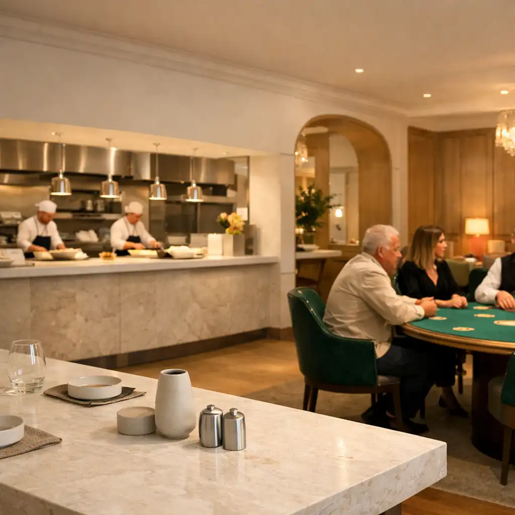 Jasne wnętrze restauracji przechodzące w elegancką strefę Casino Lounge