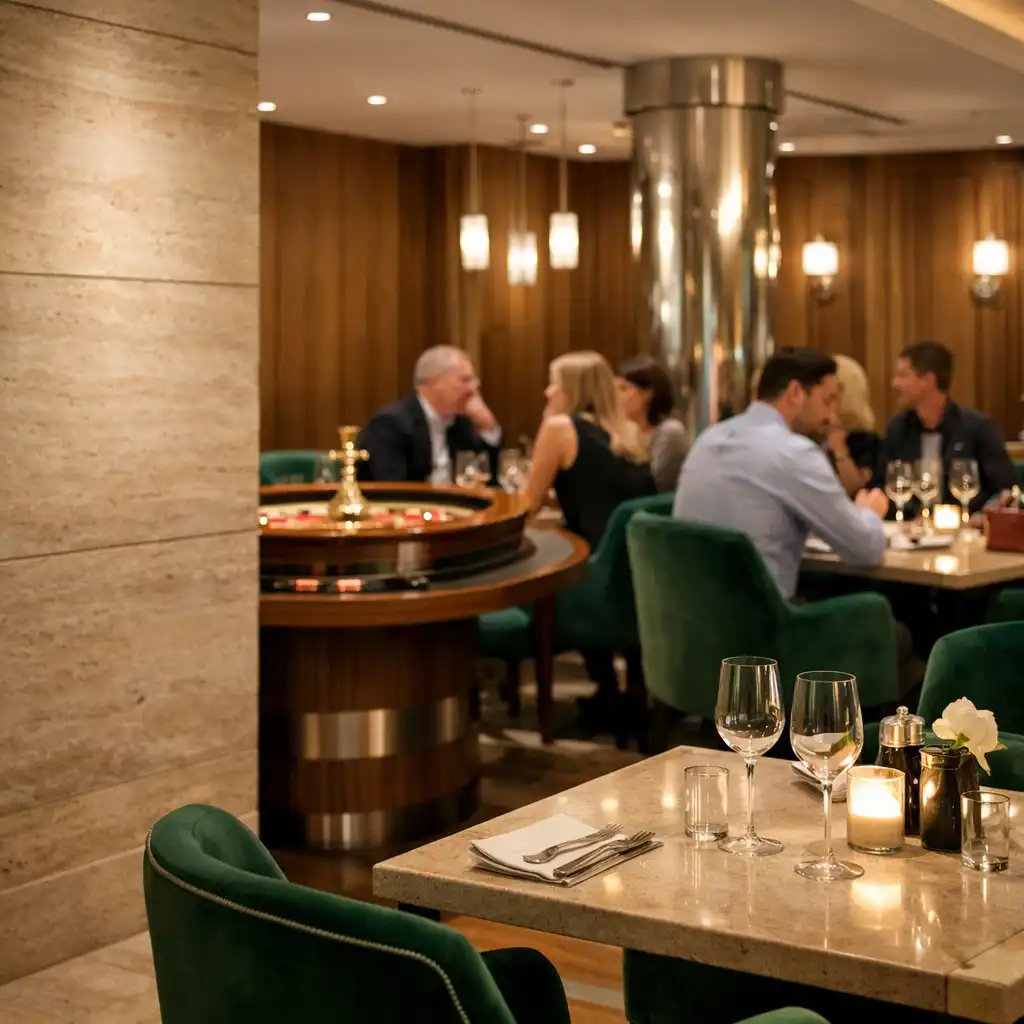 Elegancka część Casino Lounge z jasnym kamieniem, stołem restauracyjnym i zielonymi fotelami