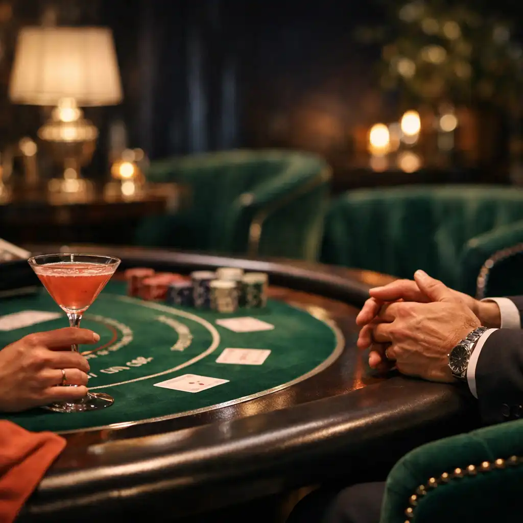 Elegancka scena Casino Lounge z fizycznym stołem, szkłem i dłońmi gości
