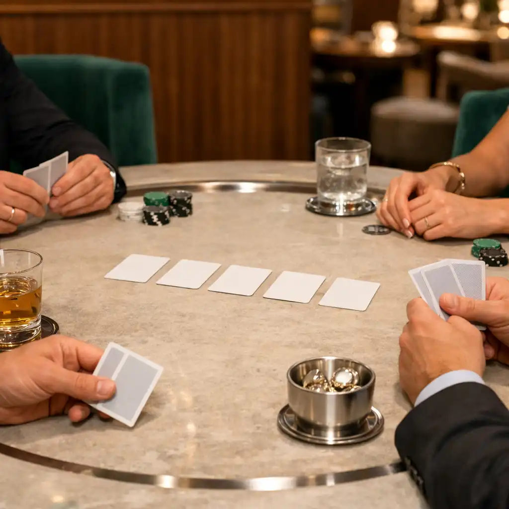 Dłonie gości przy fizycznym stole pokerowym w eleganckim lounge