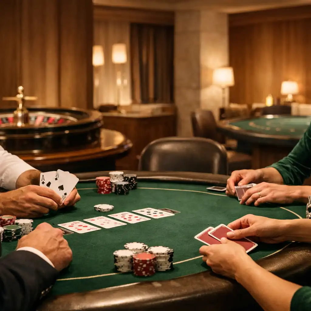 Goście rozmawiający przy prawdziwym stole pokerowym w eleganckim lounge