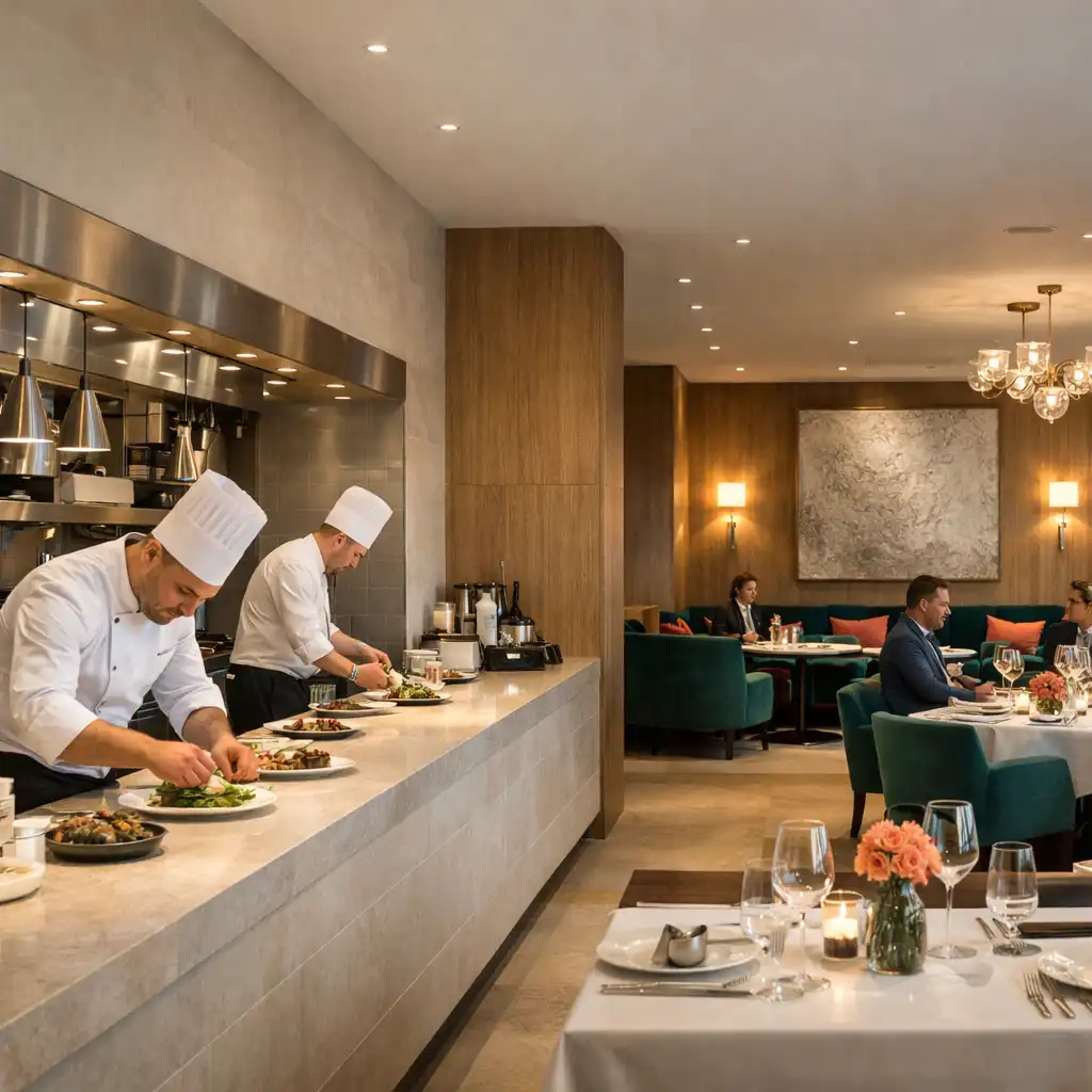 Jasna restauracja z otwartą kuchnią i dyskretnie widoczną strefą lounge