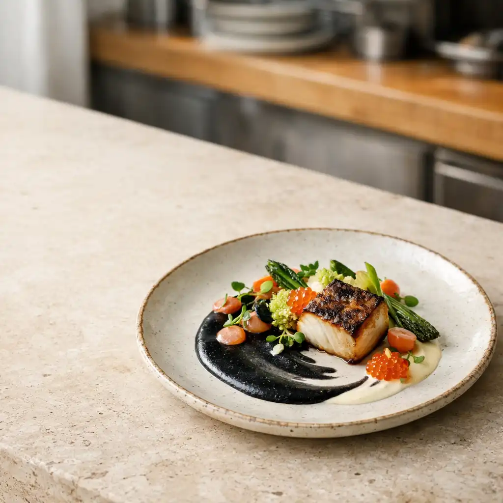 Autorskie danie na jasnej ceramice przy chef’s pass