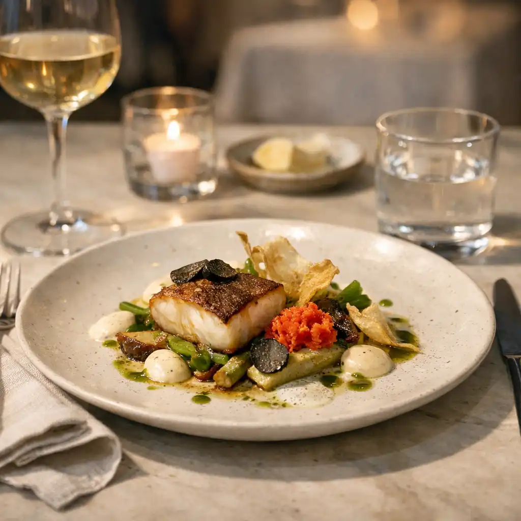 Finałowe słone danie na restauracyjnym stole ze szkłem i lnianą serwetą