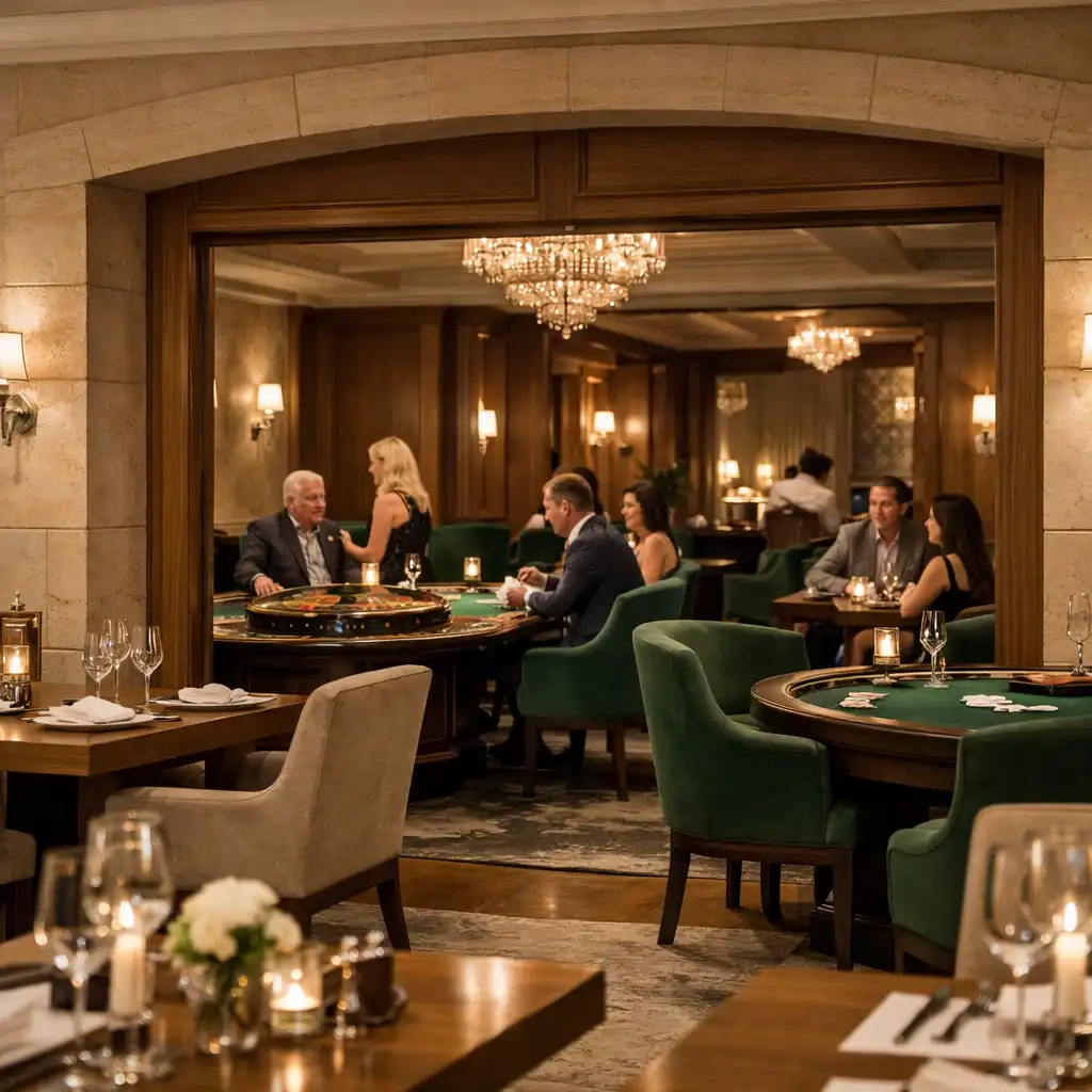 Przejście z jasnej sali restauracyjnej do kameralnego lounge