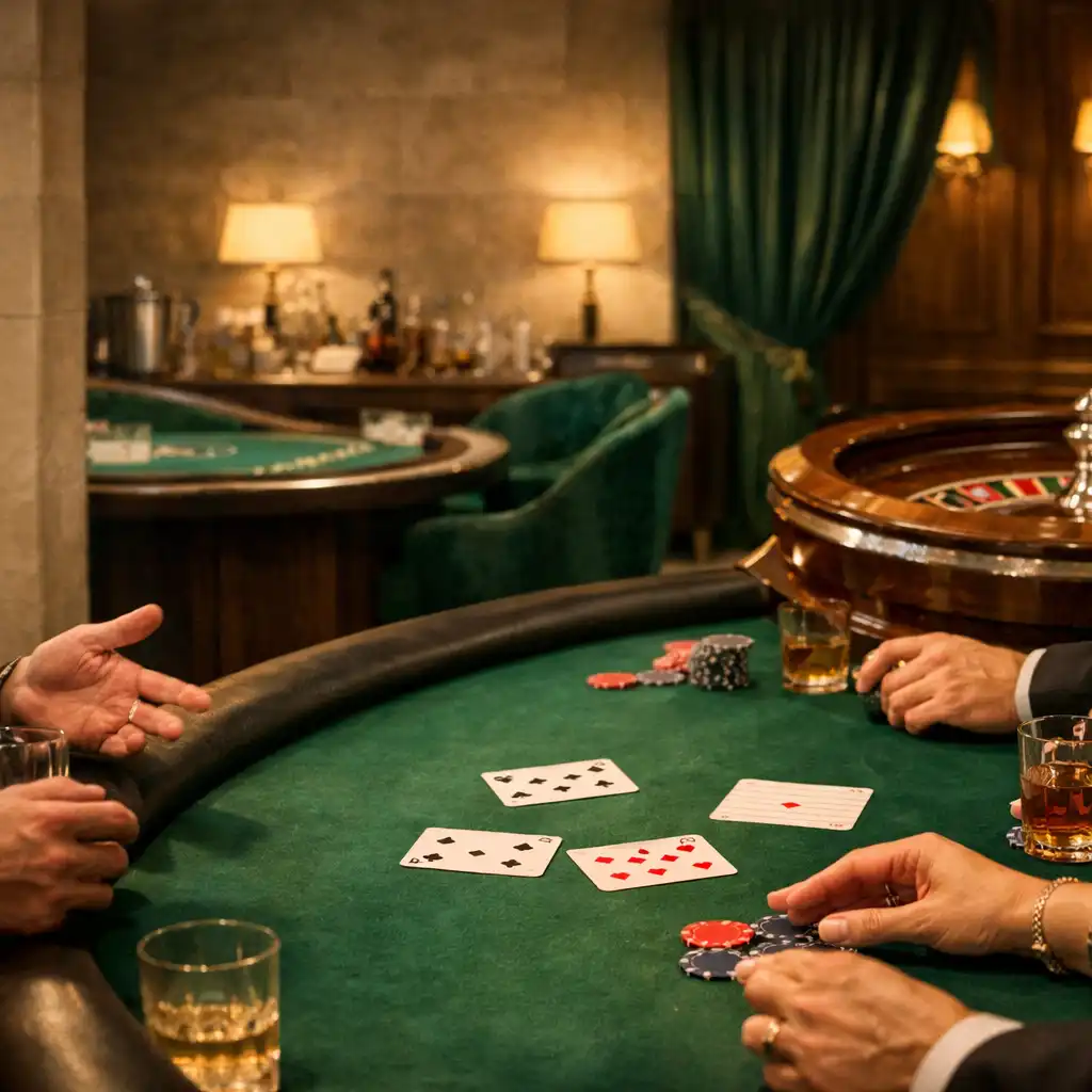 Dłonie gości przy fizycznym stole Casino Lounge po kolacji