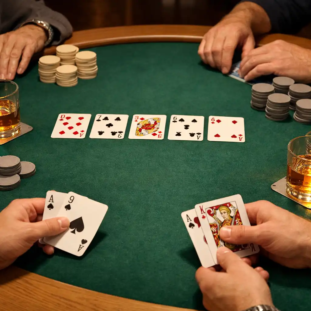 Dłonie gości i karty na zielonym stole pokerowym
