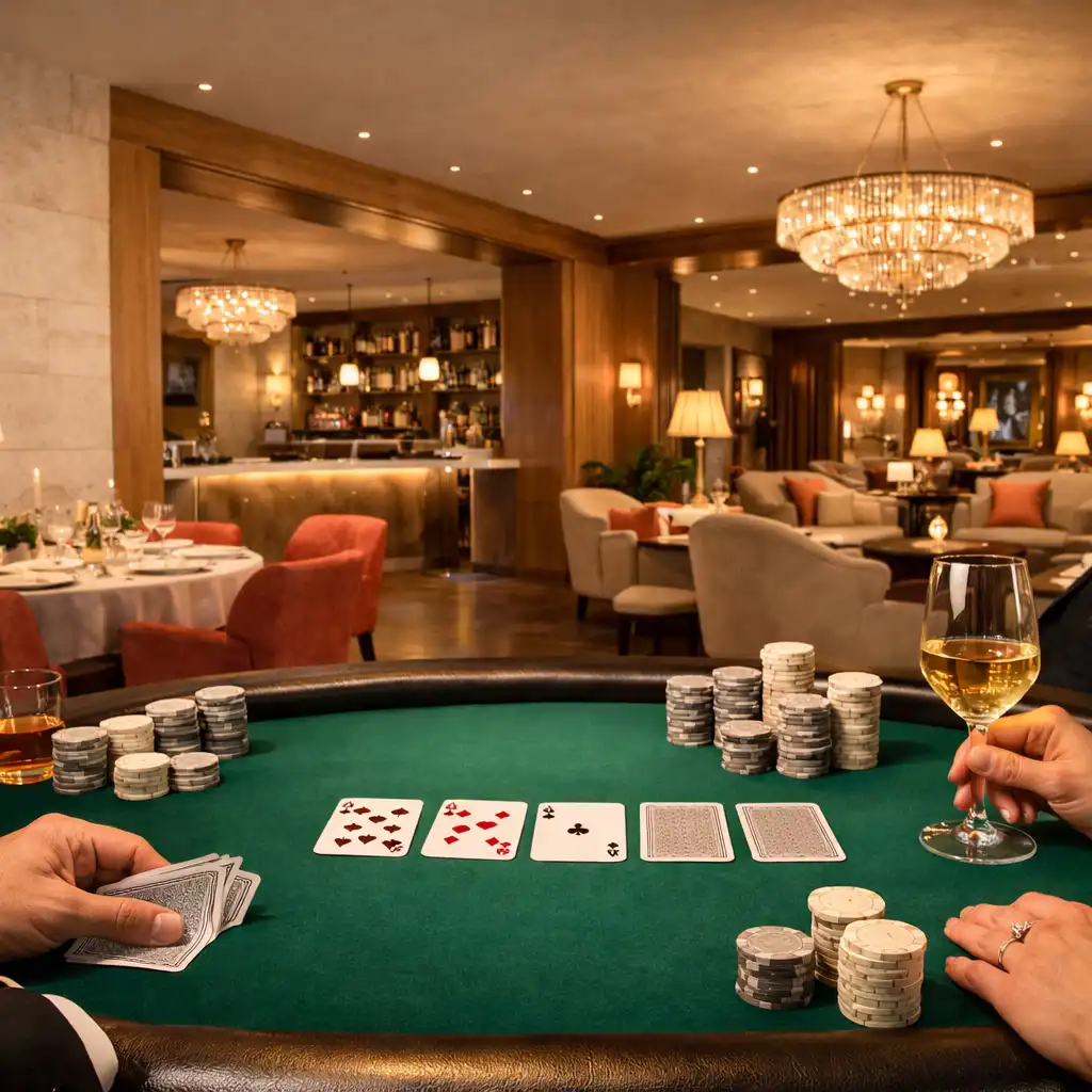 Jasne wnętrze Casino Lounge z pokerowym stołem, dłońmi gości i szkłem
