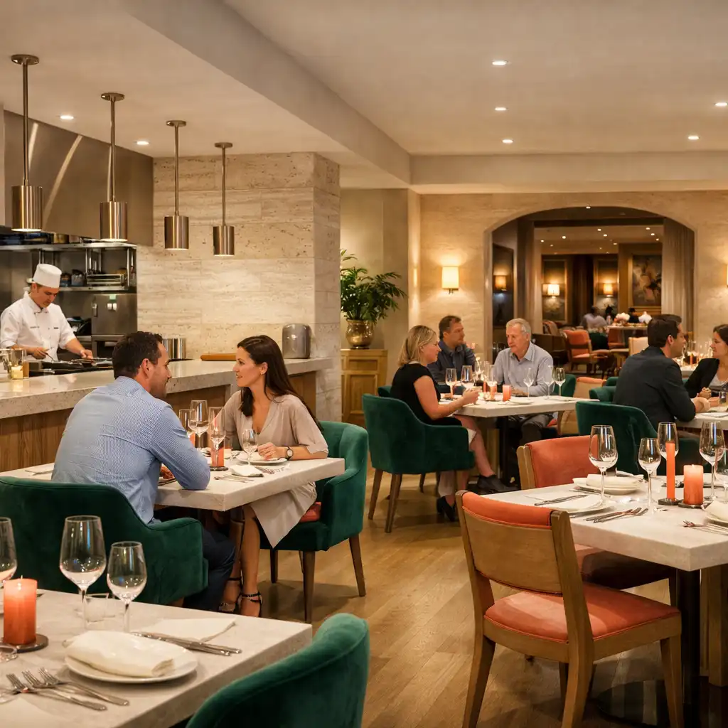 Jasne wnętrze restauracji z otwartą kuchnią i eleganckimi stołami