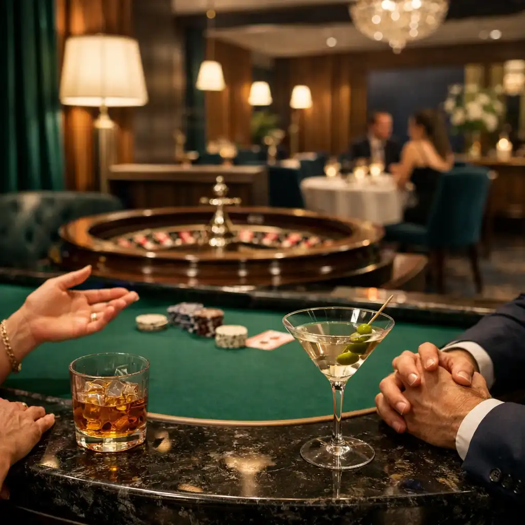 Elegancki Casino Lounge z fizycznym stołem, szkłem, dłońmi rozmawiających gości i dyskretnie widocznym kołem ruletki w tle.