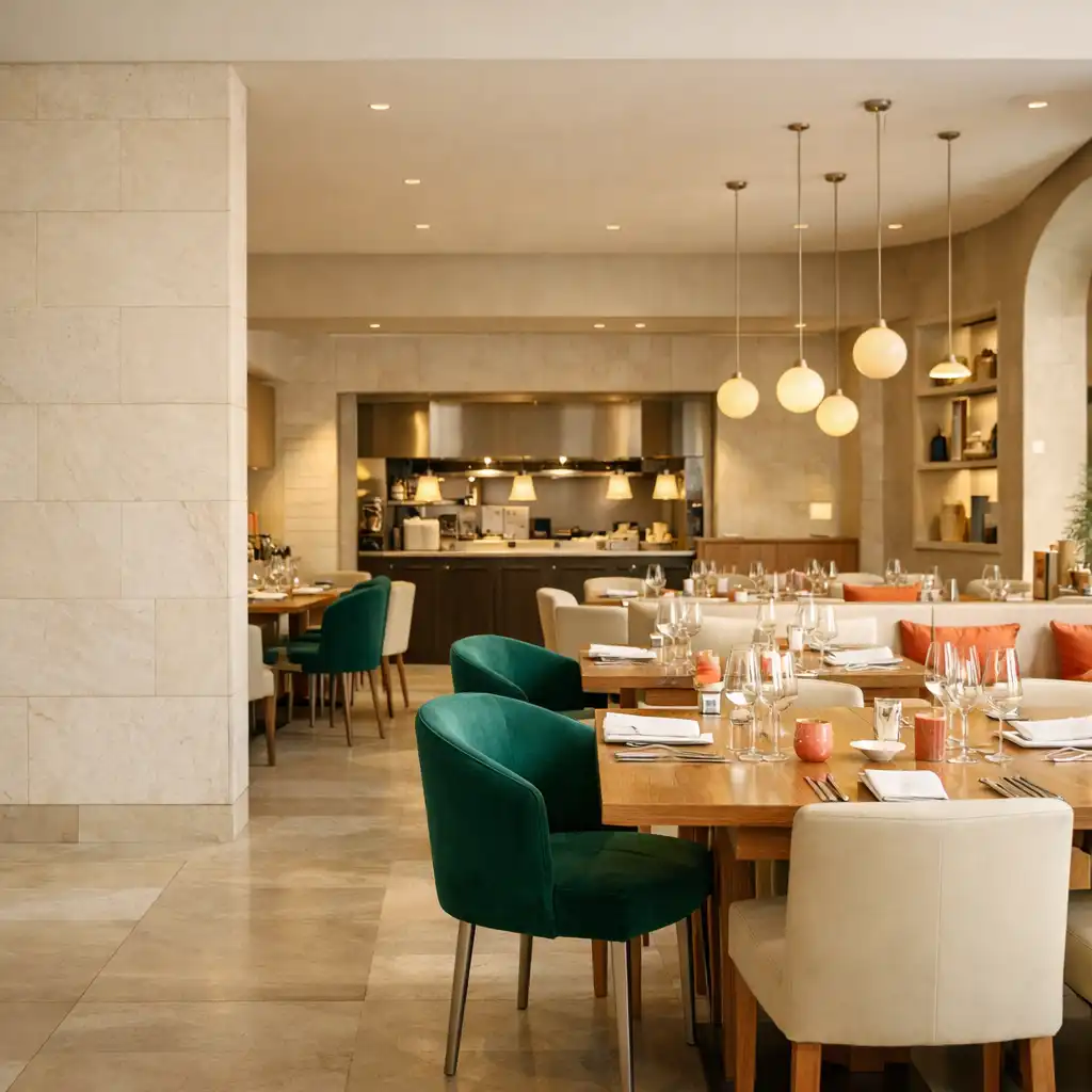 Jasna sala restauracyjna Chef Menu House z dębowymi stołami, kamiennymi powierzchniami i widokiem w stronę chef’s pass.