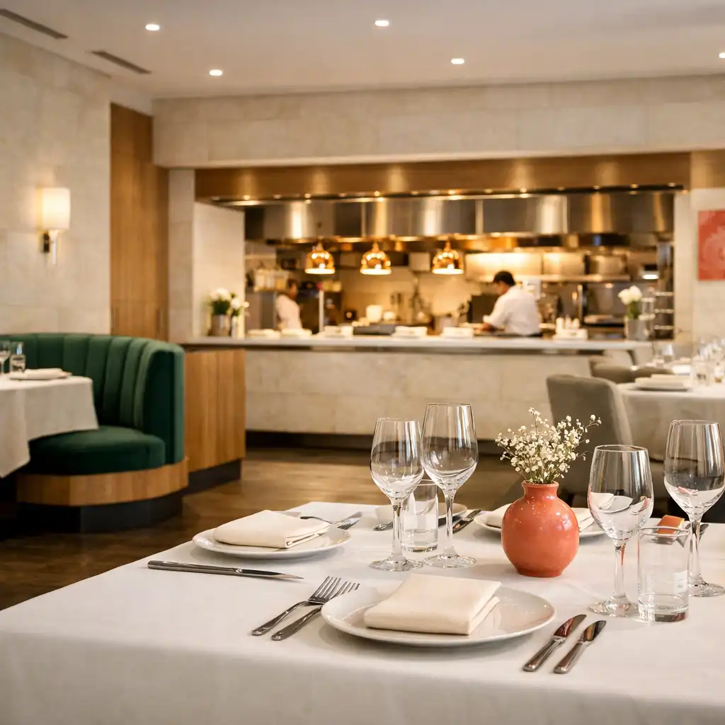 Jasne wnętrze restauracji z otwartym chef’s pass i elegancko nakrytym stołem